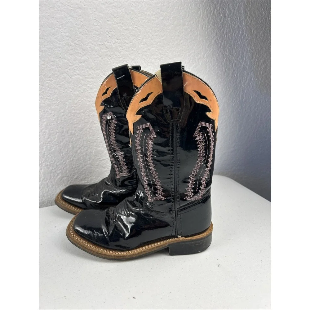 Boots Old West Cowboy Size‎ 13 Leather Youth BSC1843 Square Toe Black/Pink